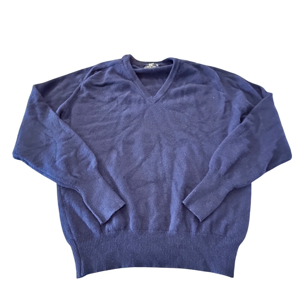 Lord Jeff Vintage Mens Navy Blue 100% Pure Cashmere V-Neck Sweater Made in USA M